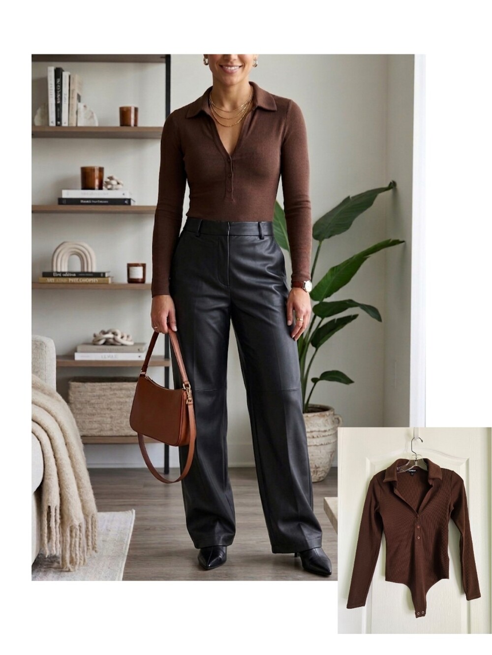 EUC Express Women's Brown Ribbed Long-Sleeve Polo Bodysuit, Size S